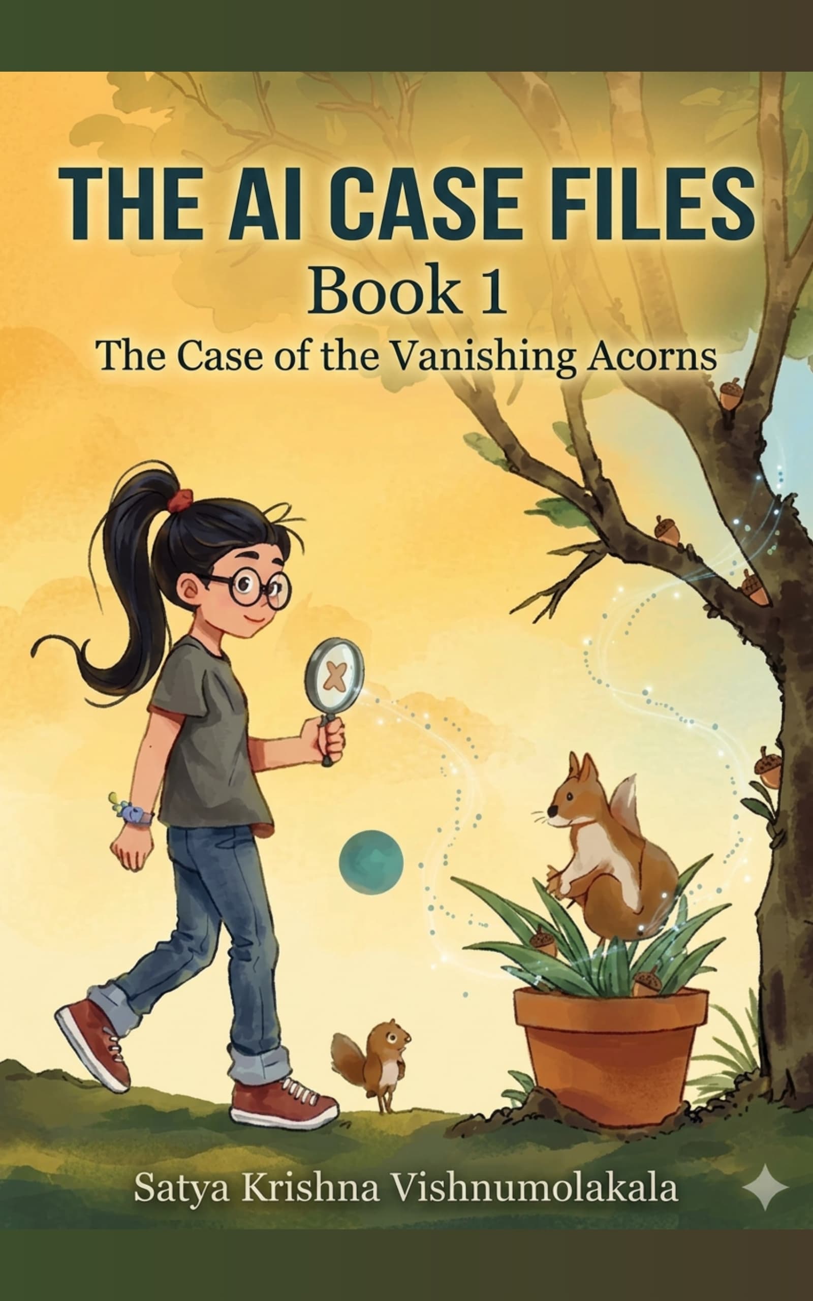 The AI Case Files Book 1: The Case of the Vanishing Acorns — a girl with a magnifying glass investigates a garden mystery